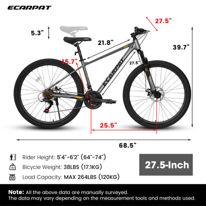 A27312 27.5" Mountain Bike, 21-Speed, Aluminum Frame, Disc Brakes, Thumb Shifter, Front Fork