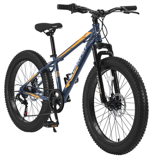 Elecony 24" Fat Tire Bike, Shimano 7-Speed, Dual Disc Brakes, High-Carbon Steel Frame, Front Suspension