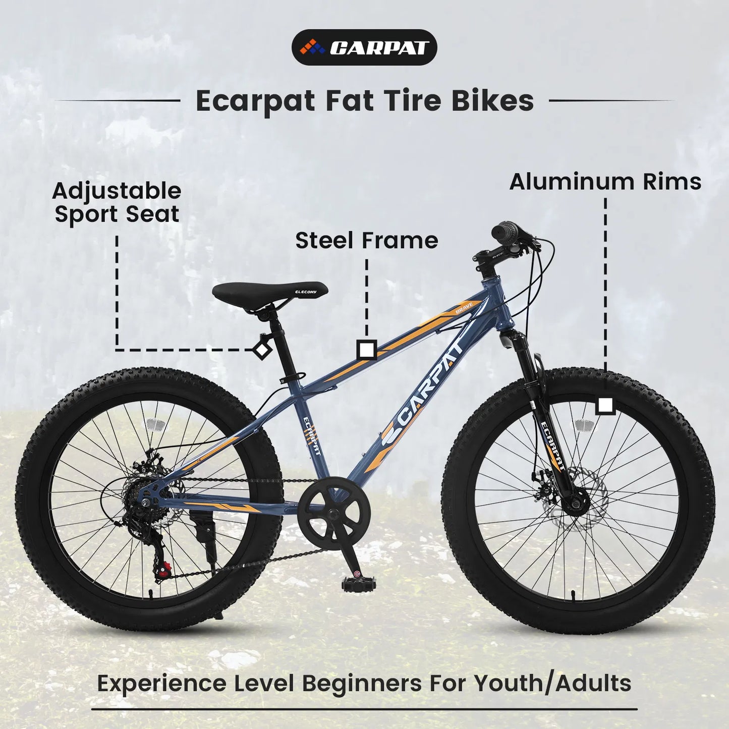 Elecony 24" Fat Tire Bike, Shimano 7-Speed, Dual Disc Brakes, High-Carbon Steel Frame, Front Suspension