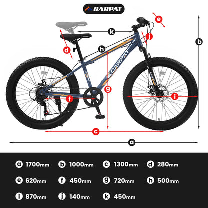 Elecony 24" Fat Tire Bike, Shimano 7-Speed, Dual Disc Brakes, High-Carbon Steel Frame, Front Suspension